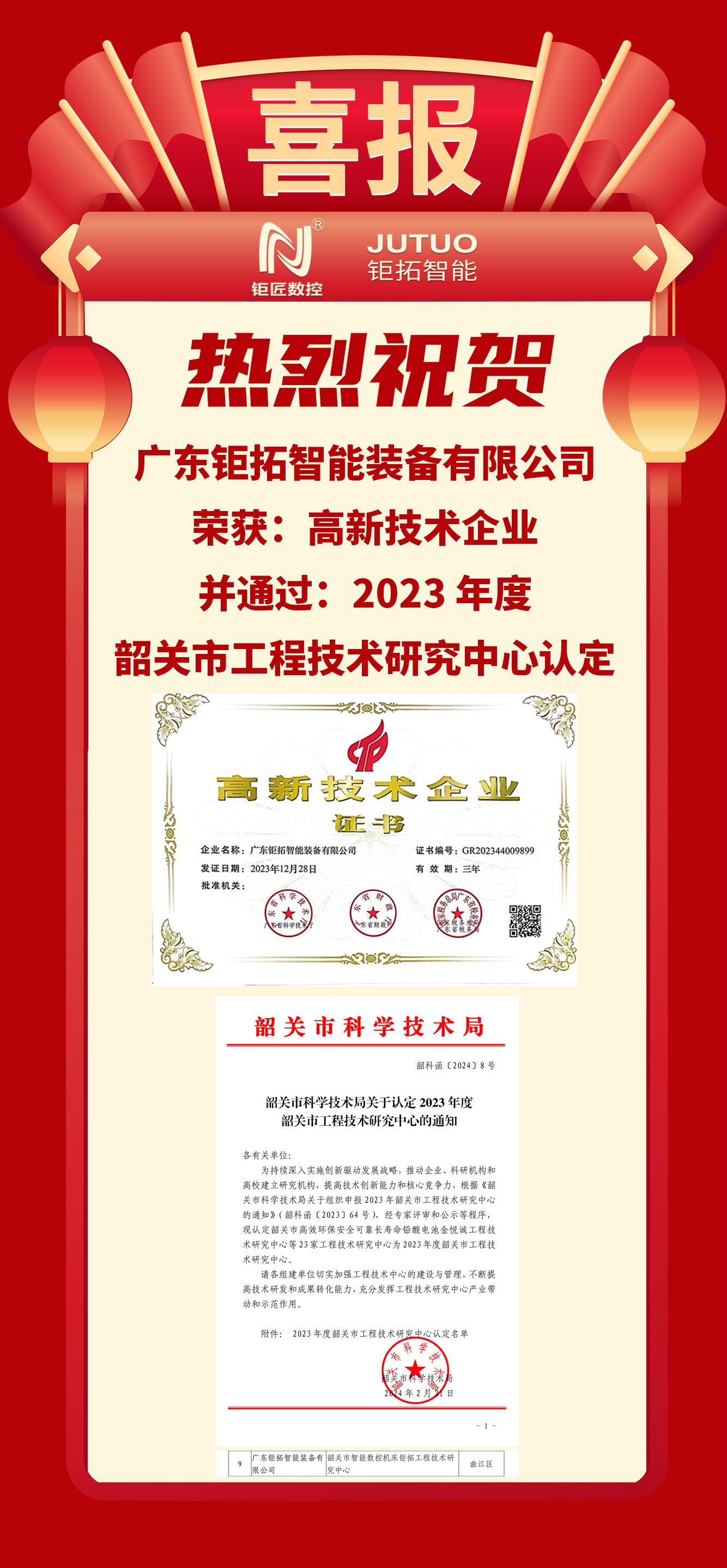 【喜報(bào)】鉅匠數(shù)控韶關(guān)工廠榮獲:高新技術(shù)企業(yè)、韶關(guān)市工程技術(shù)研究中心認(rèn)定